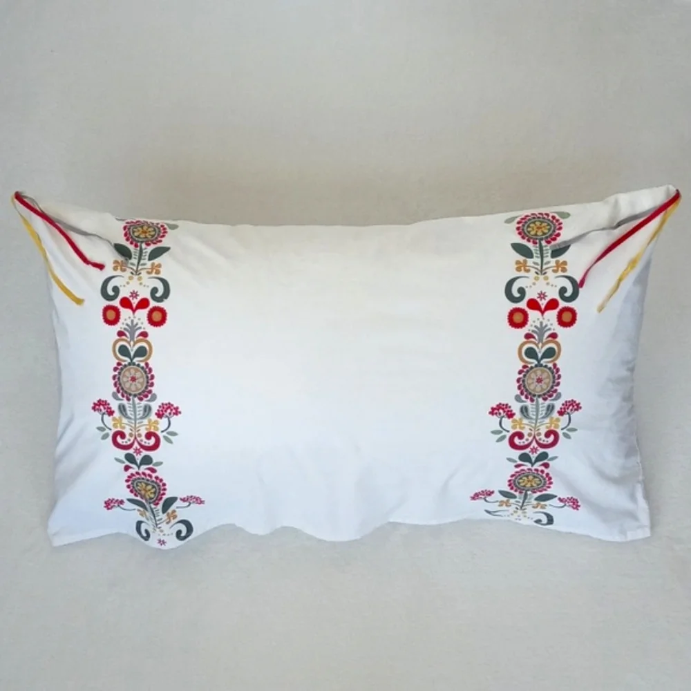Bohemian Cream w/ Red Yellow Dutch Floral Motif Tasseled Pillow Sham Cover Queen
